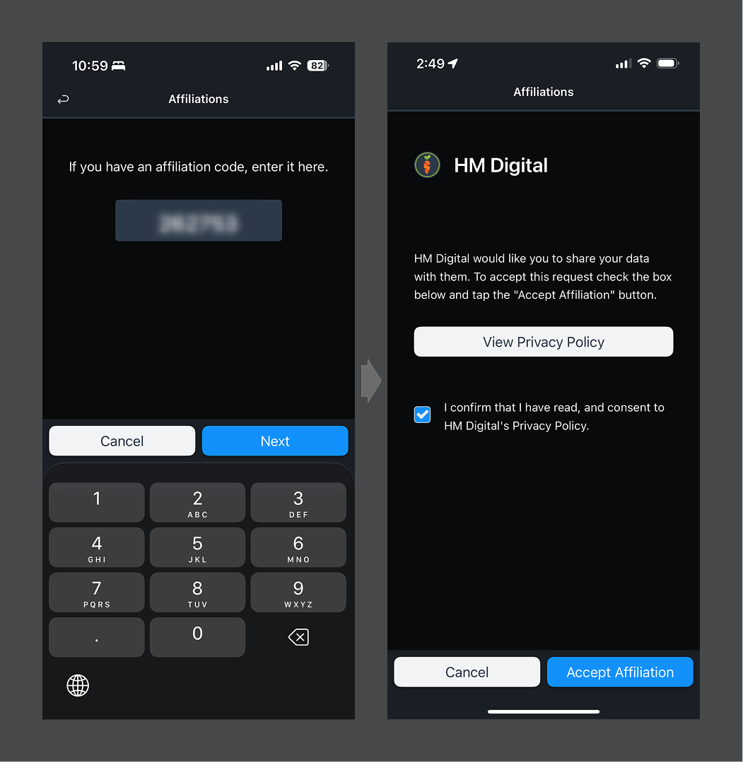 Left: Enter the 6-digit affiliation code | Right: Review organization policies and accept