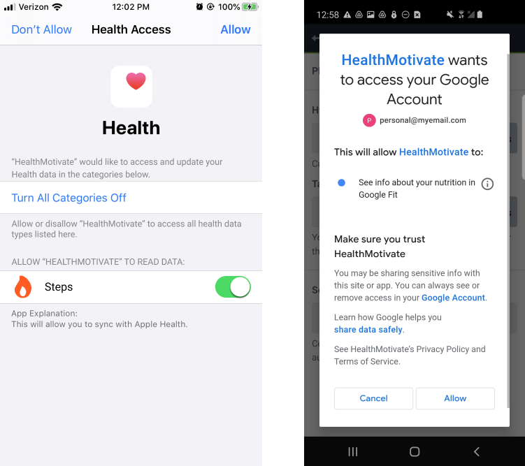 OS Health platforms. Apple Health (left) and Google Fit (right)